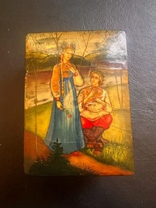 Antique Fedoskino Russian Folk Art [4.25 x 3 x 1 Black Lacquer Box Hand-Painted] - Picture 1 of 13