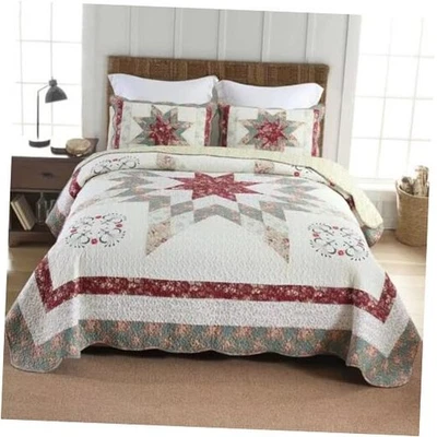 Juego de Ropa de Cama Colcha Edredón Algodón, 3 Piezas Reversible King Star Rojo Floral Foto 1 de 4