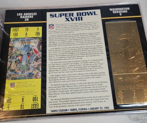 Super Bowl XVIII 22kt Gold Ticket Stub NFL  Washington Vs Los Angeles Raiders Cover