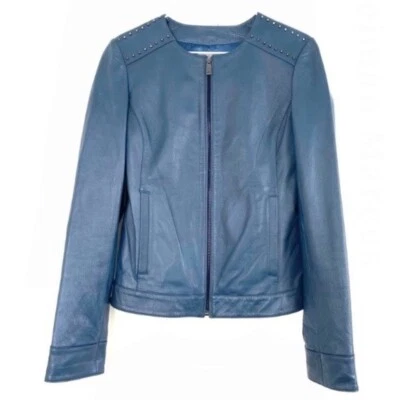 Neiman Marcus Women Sz 4 Leather Studded Shoulders Collarless Moto Jacket Blue - Imagem 1 de 4
