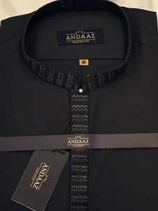 Shalwar Kameez Uomo Grigio Scuro con Tacchetta Zig Zag Ricamo - Foto 1 di 2