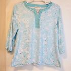 Cathy Danials Womens Xxl Aqua And White Sequin Stud Embellished V-Neck Top Soft