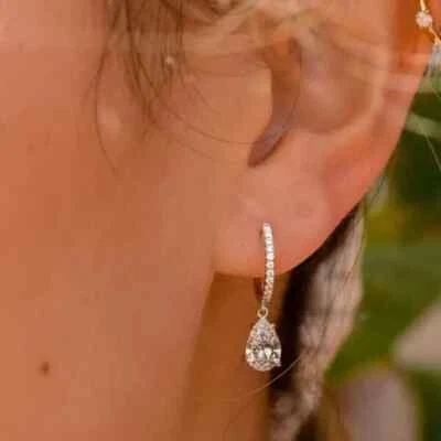2Ct Pear Cut Lab-Created Diamond Dangle Drop Earrings 14K White Gold Plated - Image 1 of 4