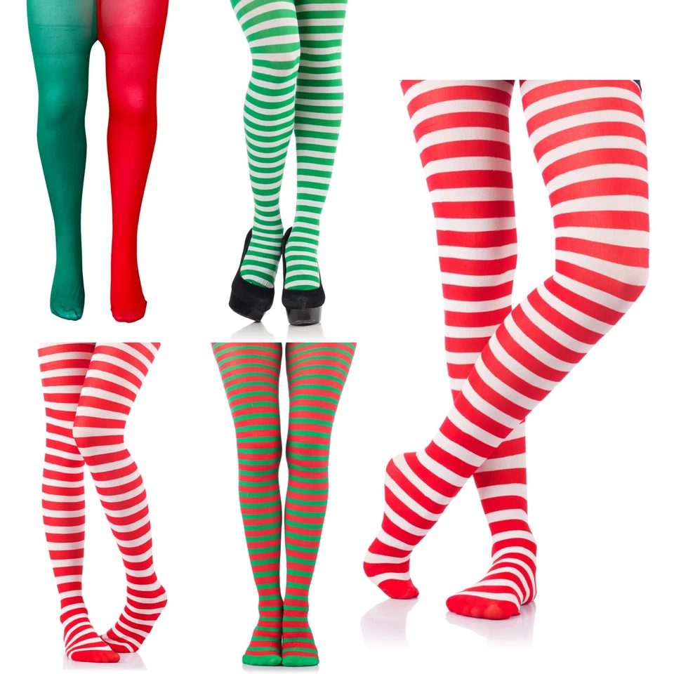 ADULTS LADIES WOMENS CHRISTMAS TIGHTS ELF AND SANTA FANCY DRESS COSTUME ACCESSOR - Image 1 of 1
