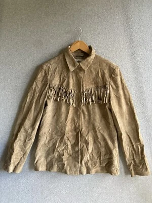 Chaqueta de cuero de gamuza Alfani para mujer mediana marrón flecos frente a presión Foto 1 de 4