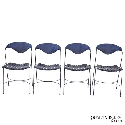 Juego de 4 sillas de comedor modernas de hierro forjado de ratán Arthur Umanoff Mid Century Foto 1 de 4