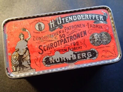 RARE VINTAGE EMPTY TIN AMMO BOX  PATRONEN H.UTENDOERFFER GERMANY GERMAN - Image 1 of 4