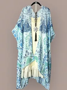 Plus Size Boho Floral Blue Ethnic Mandala Kimono Cardigan Hippie Duster S-3X - Picture 1 of 3