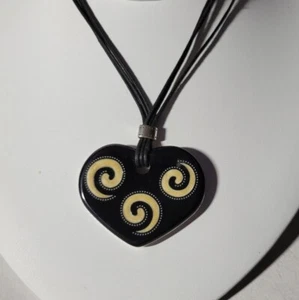 Brighton MILANO HEART Black Cord Large Enamel Cream Swirl Pendant Necklace, NWOT - Picture 1 of 7