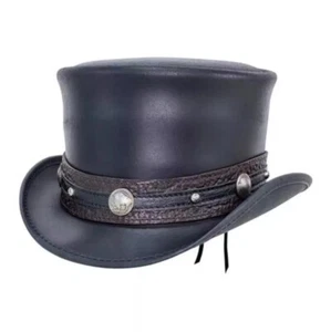 Men's Steampunk Leather Top Hat Gothic Victorian Cowboy Biker Costume Cap Black - Picture 1 of 3