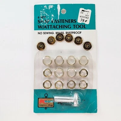 Vintage Brass Pearlized Buttons Snap Fasteners W/ Attaching Tool No Sew Shirt - Image 1 of 2