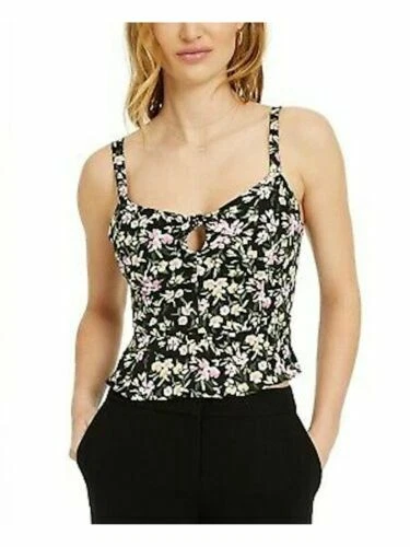 Bar III Womens Top Classic Black Size Large L Floral Bow Front Tank 066