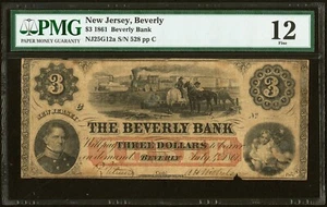 1861 - Beverly, NJ - Beverly Bank $3 - PMG 12 - RARA VEZ OFRECIDO - Imagen 1 de 2