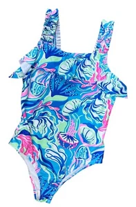 Tommy Bahama Girls Size 7 Ruffled One Pice Swimsuit Blue Pink - Picture 1 of 9