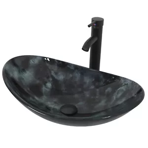 Waschtisch Waschbecken mit Wasserhahn Aufsatzwaschbecken Waschschale Glas Oval - Bild 1 von 7