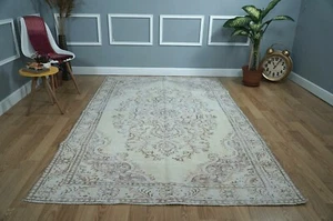 Muted Yellow Rug, Vintage Turkish Rug, Oushak Wool Carpet, 5.45x8.37 ft. H-2388 - Picture 1 of 10