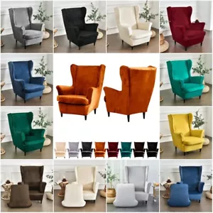 Velvet Stretch Wingback Chair Covers 2PCS Spandex Wing Back Armchair Slipcovers - Picture 1 of 99