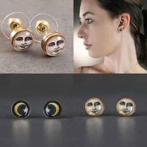 Manufaktur Ohrstecker Retro Mond Sterne Mondgesicht schwarz Boho Schmuck Sichel - Bild 1 von 5