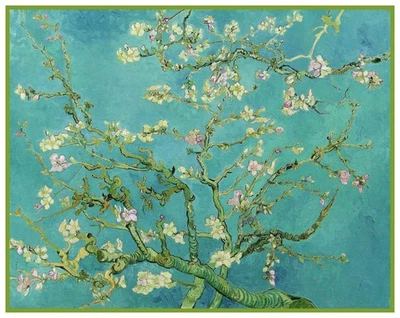 Flowering Almond Branches Teal Background Van Gogh Counted Cross Stitch Pattern - Image 1 of 4