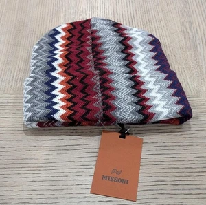 $ 265 Herren Missoni Zick Zack Ton Wollmischung Bündchen Strick Beanie Mütze rot/mehrfarbig - Bild 1 von 4