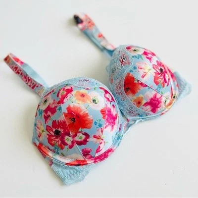 Sutiã pushup 32D Victoria’s Secret Bombshell adicionar 2 xícaras azul floral alça bling - Imagem 1 de 4