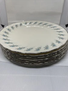 Set of 7 - Lenox Rosedale Dinner Plate 10.25" Silver Rim, Wavy Edge, Blue Roses - Picture 1 of 7
