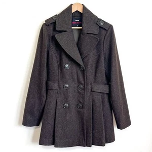 VTG 90s Y2K Miss Sixty Wool Pleated Women Pea Coat Large Brown Preppy Academia - Picture 1 of 16