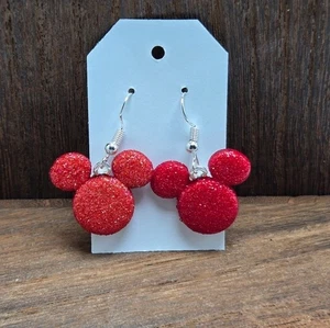 Red Mickey Mouse Earrings Disney Sparkle Mouse Ears Dangle Drop Light Weight NWT - Picture 1 of 2
