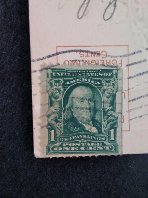 Benjamin Franklin One Cent USPS Stamp 1908 Green Rare Valentine Postcard PA HTF  - Image 1 of 4