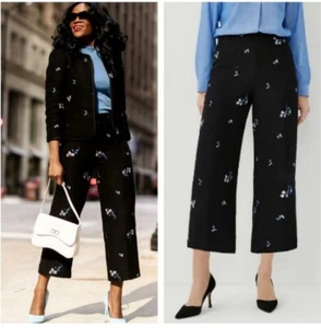 Ann Taylor Womens Tweed Dress Pants Ankle Black Blue Floral Embroidered Size 8 - Picture 1 of 7