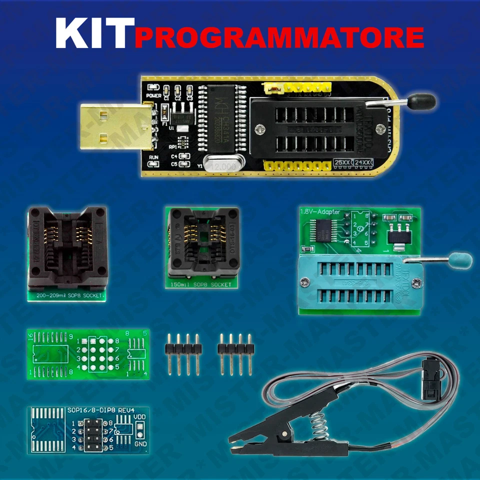 KIT PROGRAMMATORE CH341A EEPROM BIOS WINBOND MXIC 24XXX 25XXX SERIE - Immagine 1 di 4