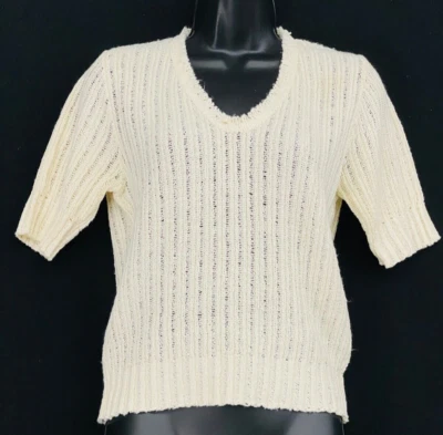 Vintage 1970s ivory white ribbed sweater, short sleeve V neck stretch crop M L - Image 1 of 3