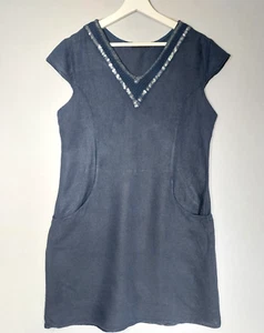 Made in Italy Leinenkleid Gr. XL dunkelblau Pailletten V-Ausschnitt Flügelärmel Taschen - Bild 1 von 11