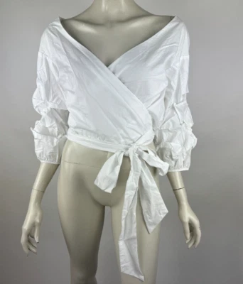 Bardot Marina Wrap Top Women 10 L NWT White 3/4 Sleeve V-neck Cotton Tie Front - Image 1 of 4