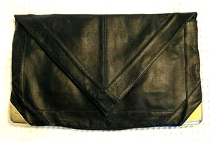 Vtg Lou Taylor Black Leather Oversized Envelope Clutch Flip Mirror Coin Purse - Picture 1 of 12
