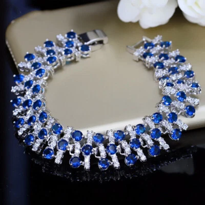 Silver Plated Wedding Blue Cubic Zirconia Wide Tennis Bracelet for Women Jewelry - Image 1 of 4