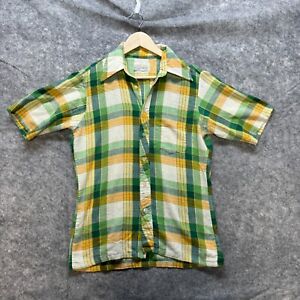 Vintage Shirt Sears Mens Medium Green Orange Plaid Shaped Button Up Pocket