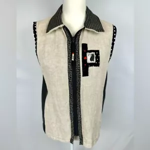 K.d. Spring Cat Patchwork Vest Lightweight Zip Front Beige Pockets Size XS - Picture 1 of 11