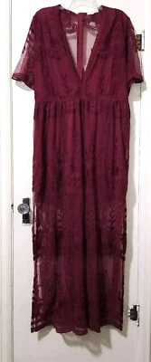 Vestido Mameluco Largo de Encaje Romántico Boho con Letra W PLUS 2XL Rojo Granate Pantalones Cortos Forrados Foto 1 de 4