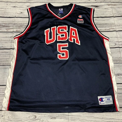 Rare Jason Kidd Champion #5 USA Vintage NBA Blue Olympics Jersey Size 48 XL Mint Cover