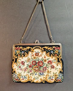 Vintage Blumen Gobelin Handtasche Clutch Tasche Silberfarben Kette Hongkong - Bild 1 von 10