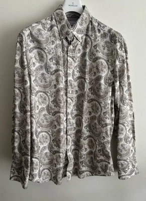 $1250 Brunello Cucinelli White Cotton Shirt With Brown Paisley Print L- XL - Image 1 of 4