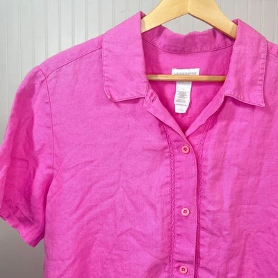 Liz Claiborne LizSport 粉色亚麻短袖纽扣前衬衫上衣 L — 第 1/4 张图片