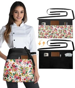 Reversible Server Apron with 6 Pockets - Waist Apron for Waitress Women Half ... - Picture 1 of 6