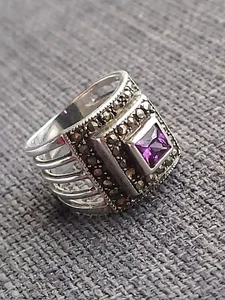 Gorgeous Sterling Silver Purple Quartz Marcasite Ring - Picture 1 of 9