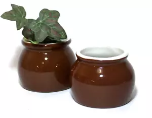 Set 2 pentole per fagioli piccole ciotole in ceramica smaltata marrone vintage - Foto 1 di 6