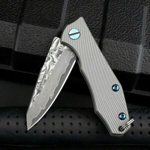 Drop Point Folding Knife Pocket Hunting Survival Wild Damascus/D2 Steel Titanium
