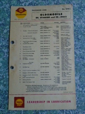 Shell Lubrication Service Guide Card Oldsmobile US 88 Starfire 98 1961- 62 8773F — 第 1/2 张图片