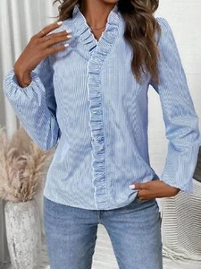 Women's Blouse - Frill Striped V-Neck Long Sleeve Blouse - Picture 1 of 4