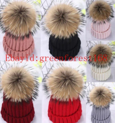 GREENFOREST168 Damen Echtfell Bommel Strick Mütze Winter-Mütze Ussuri Waschbärfell Bommelmütze